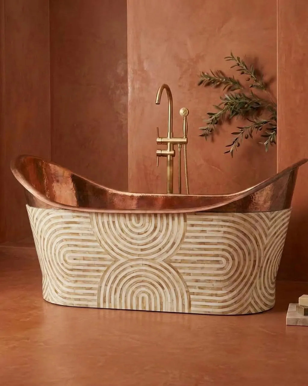 Handmade Copper & Bone Inlay Freestanding Bathtub
