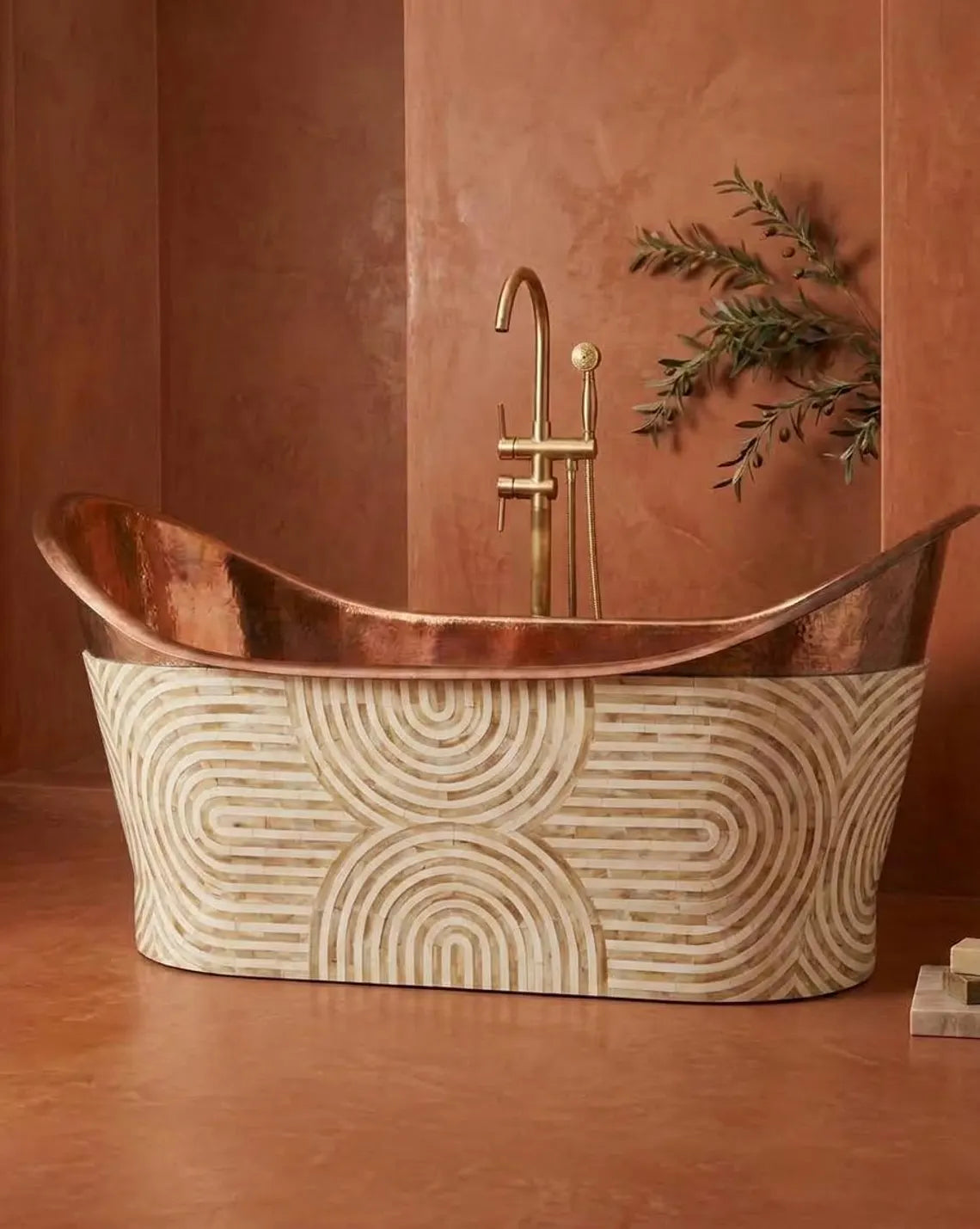 Handmade Copper & Bone Inlay Freestanding Bathtub
