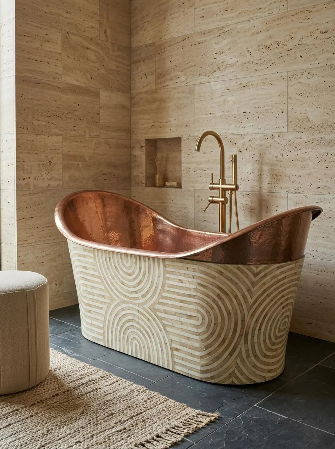 Handmade Copper & Bone Inlay Freestanding Bathtub